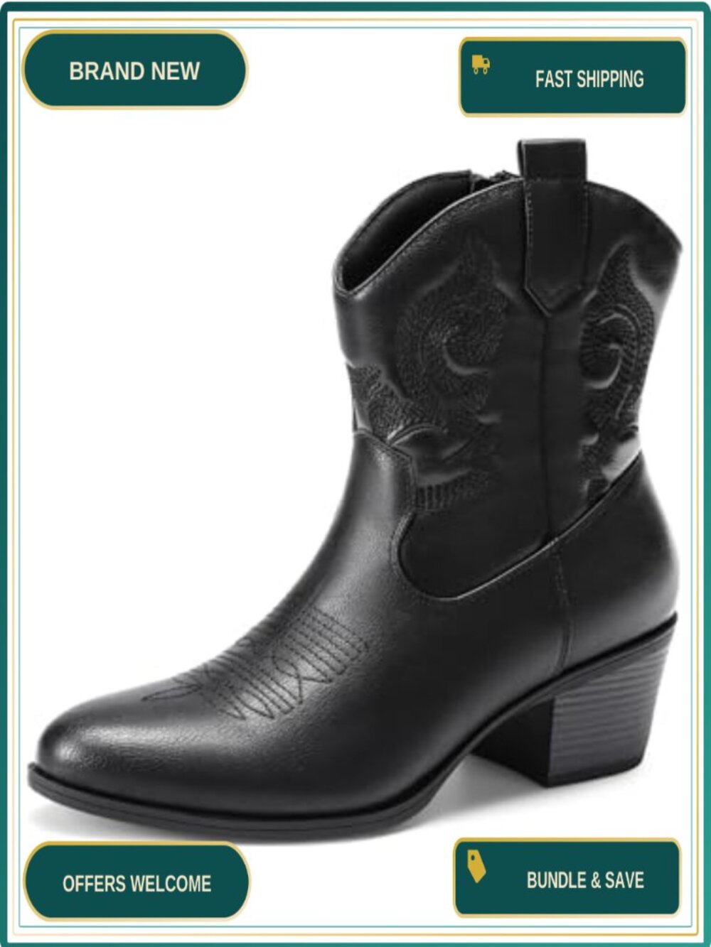 Western Cowgirl Ankle Boots Faux Leather Embroidered Chunky Heel